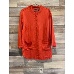 Tahari linen (100) smock top 3/4 sleeves burnt orange chest 24 sleeves 14.5 shou